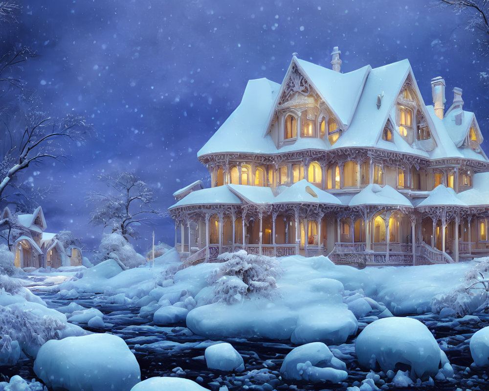 Victorian-style house in snow-covered twilight landscape with stone bridge.