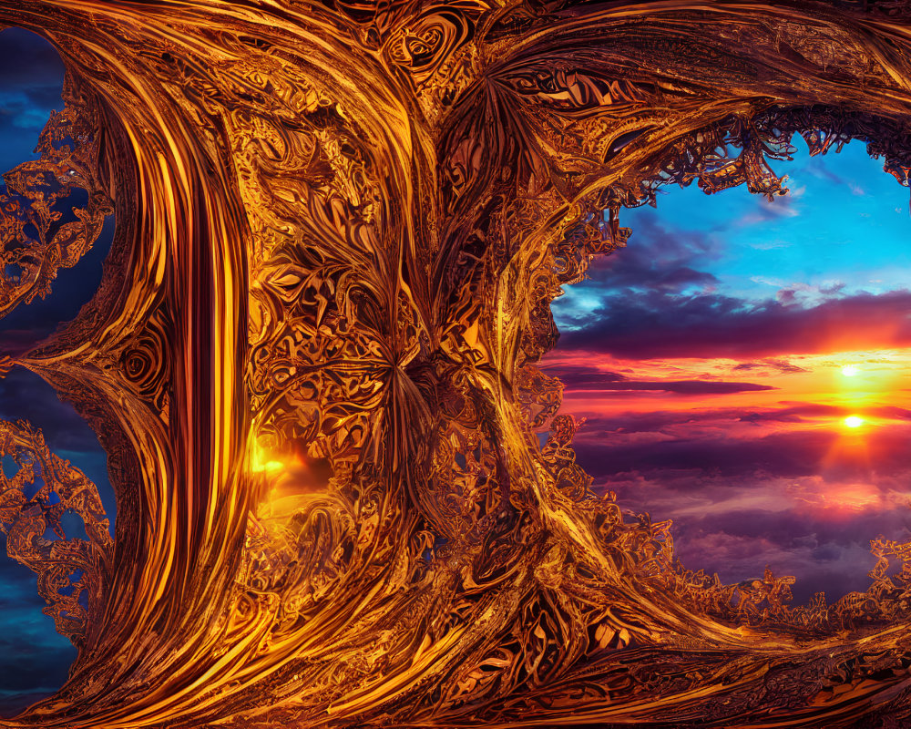 Intricate Fractal Image of Sunset with Vibrant Orange, Blue, and Yellow Hues