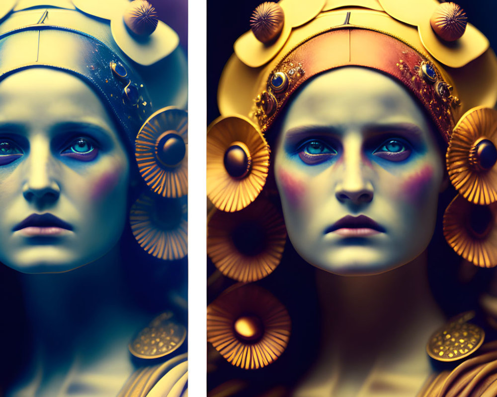 Split image: Woman with decorative headpiece in cool and warm tones