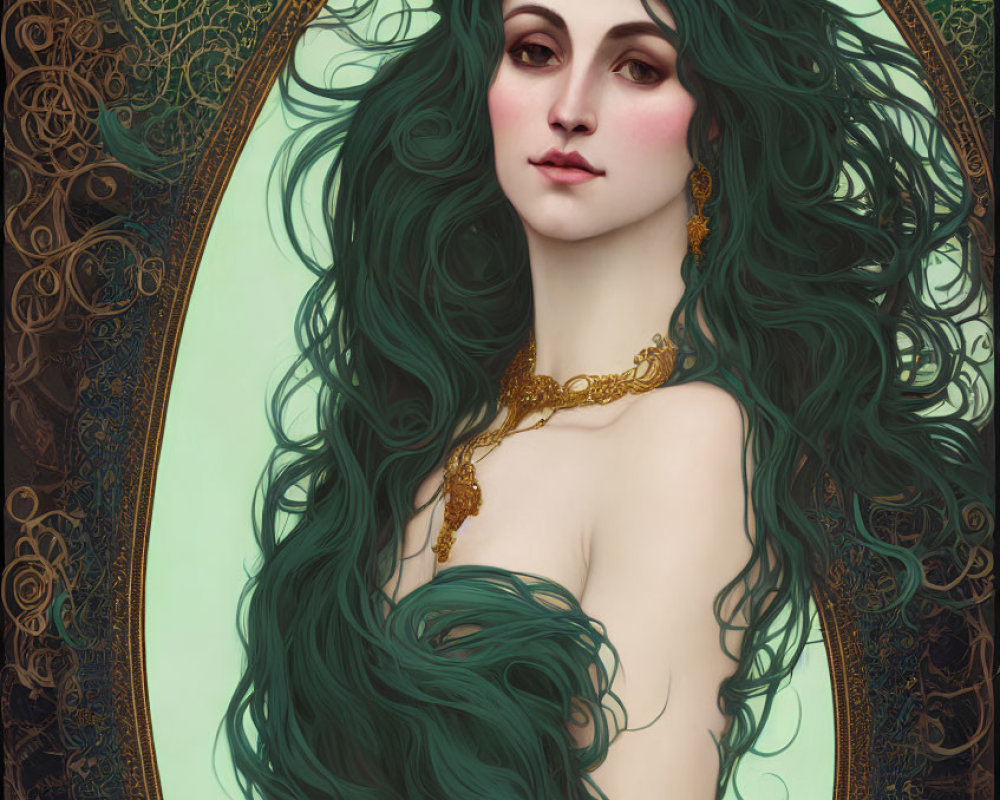 Stylized portrait of a woman with green hair in golden frame