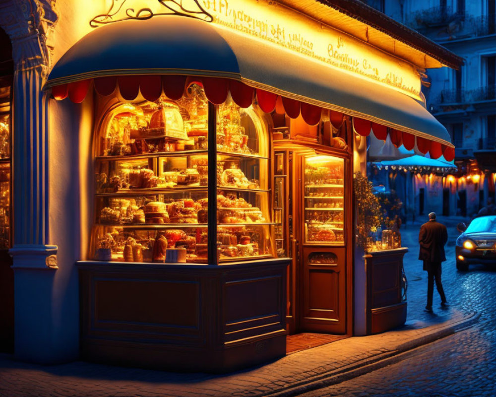 Cozy bakery with pastries, man walking by, warm lights at twilight