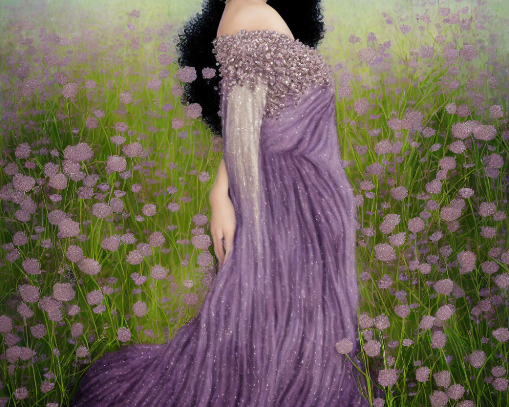 Woman in Sparkling Purple Gown Surrounded by Lavender Flowers