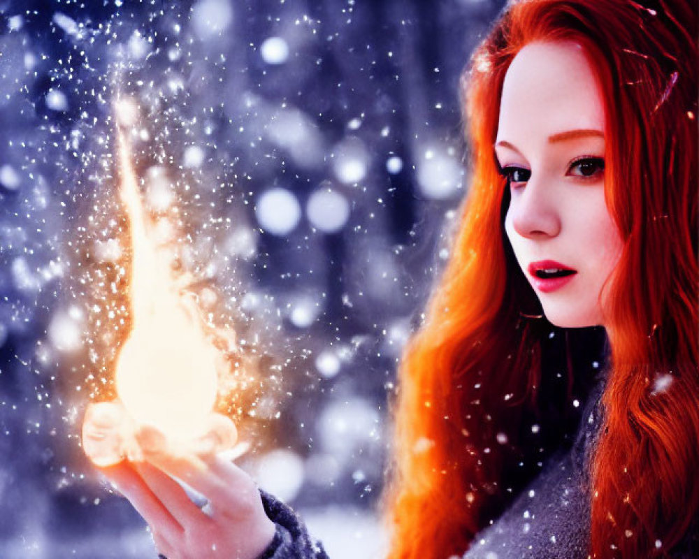 Red-haired woman in grey coat holds flame in snowfall