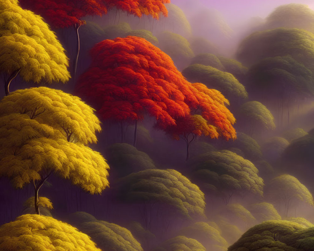 Vibrant red and yellow foliage in mystical forest under dreamy purple haze