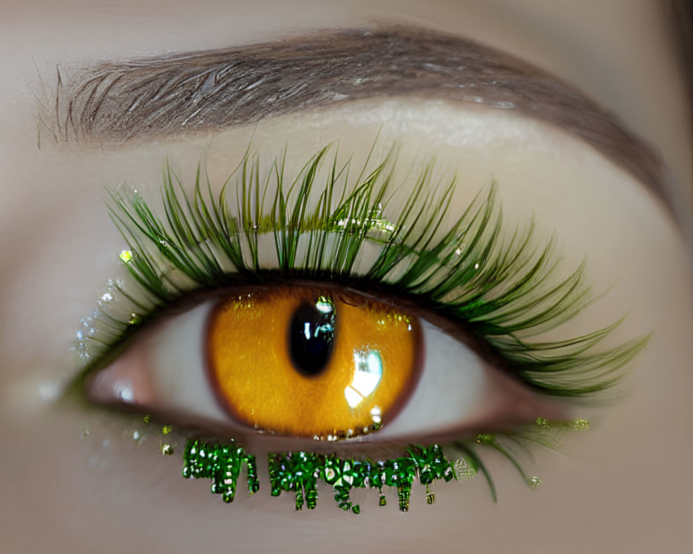 Eye with Green Glitter Mascara and Yellow Iris