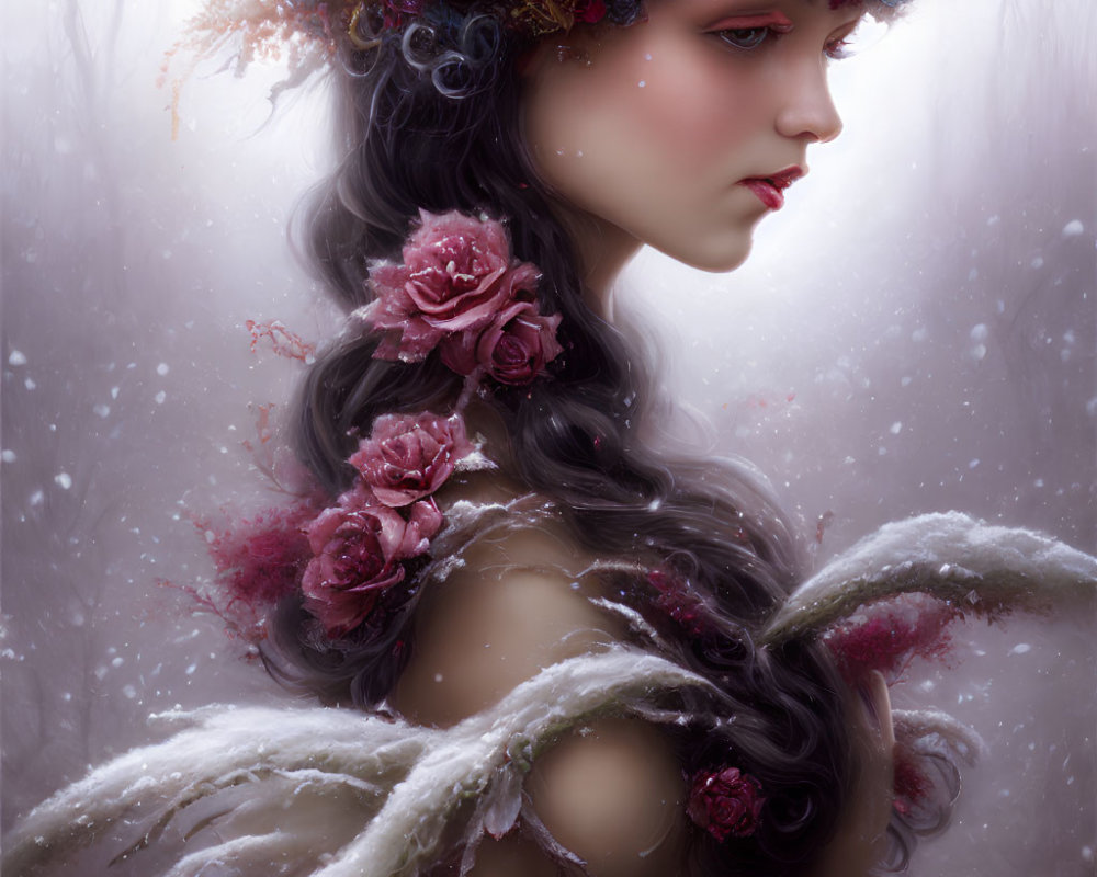 Profile portrait of woman with dark hair, floral adornments, frost-covered wings, snowy backdrop