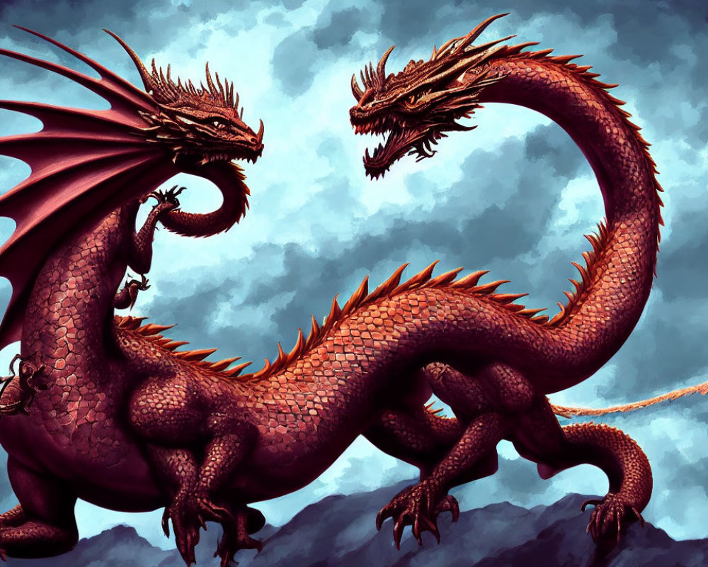 Digital art: Two-headed red dragon with spiked scales and large wings in stormy sky