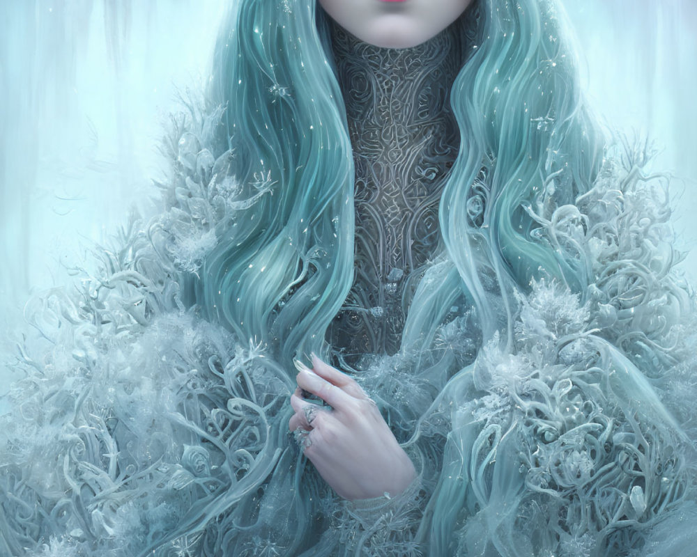 Ice-blue haired woman in frosty gown amidst blizzard