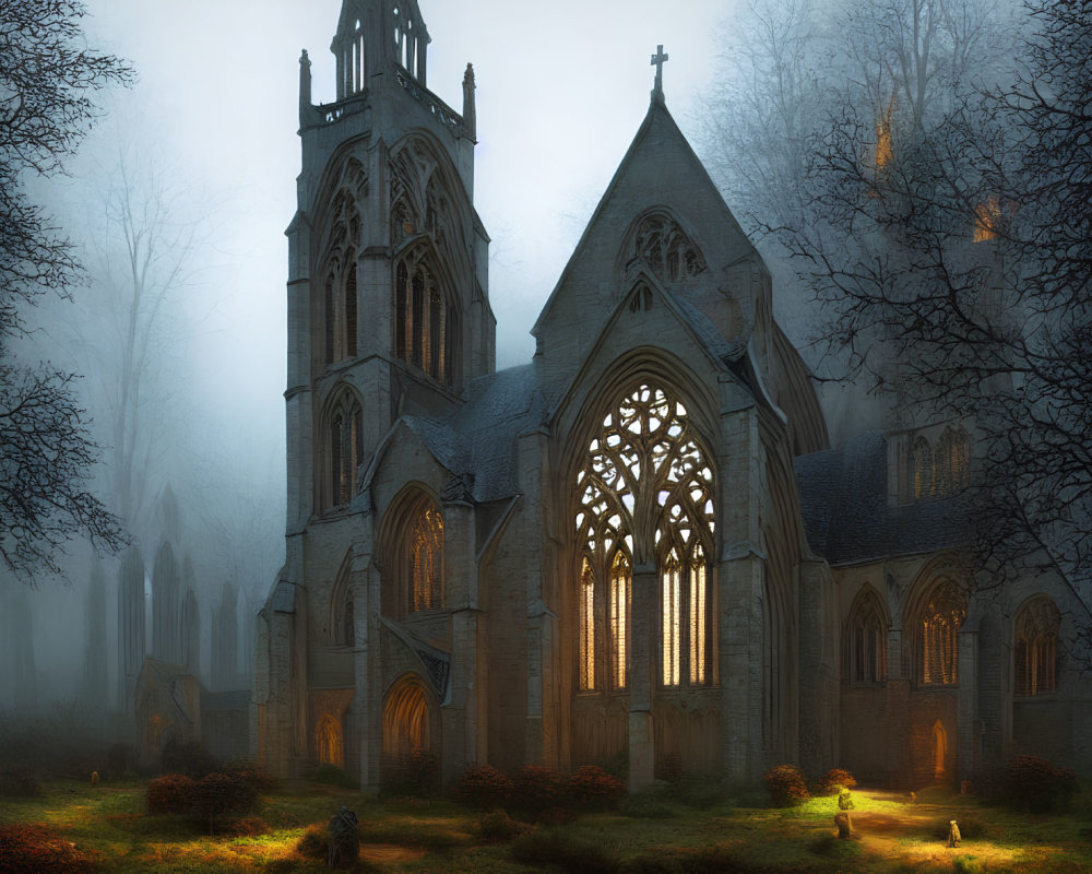 Gothic Church Illuminated on Foggy Evening