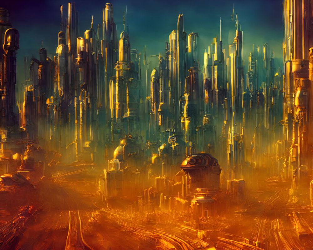 Golden-lit Futuristic Cityscape with Glowing Skyscrapers