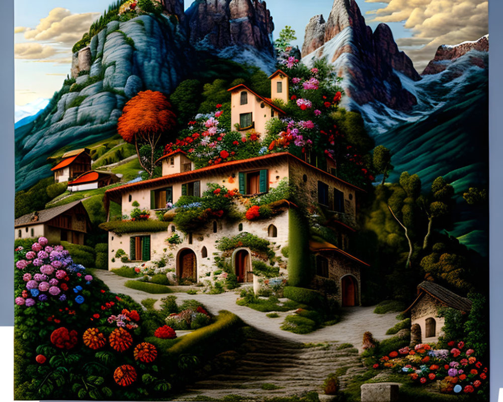 Colorful landscape painting: stone houses, red roofs, lush greenery, flowers, mountains, cliffs