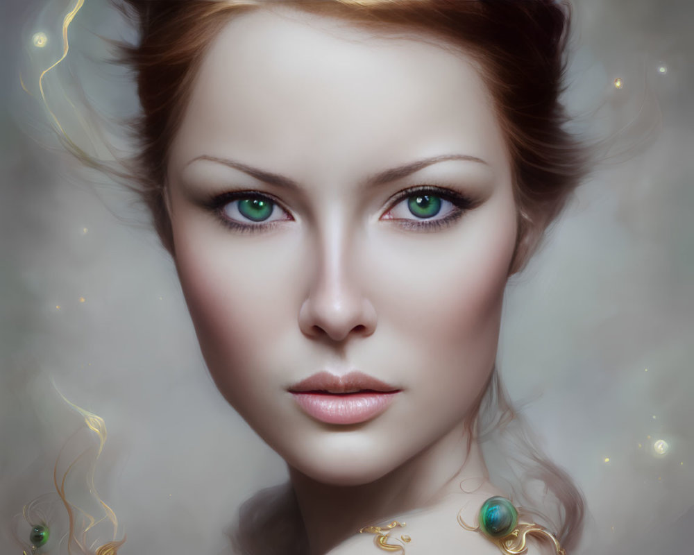 Portrait of a woman with green eyes, fair skin, and light brown hair in soft glowing lights