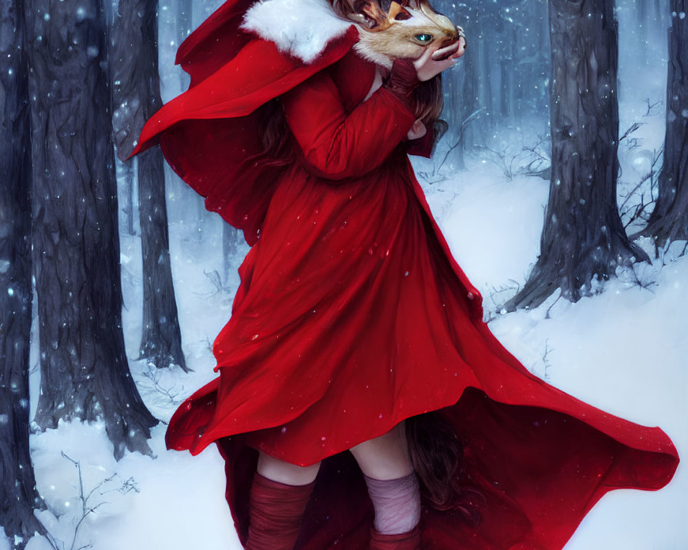 Girl in Red Cloak Holds Fox in Snowy Forest Fairy Tale Scene