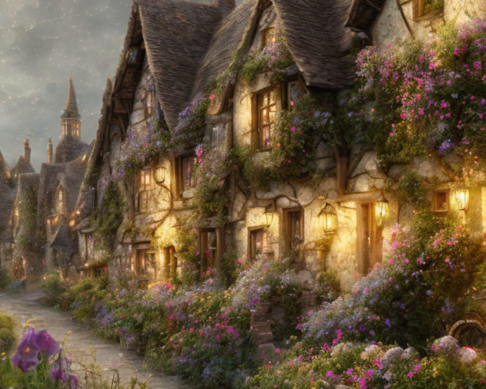 Charming storybook village with thatched-roof cottages at twilight