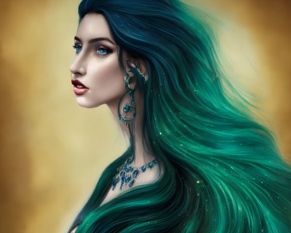 Detailed Illustration: Woman with Teal Hair and Blue Eyes on Golden Background