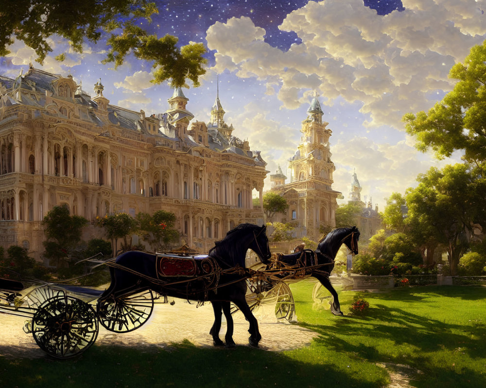 Ornate palace with horse-drawn carriage in lush gardens