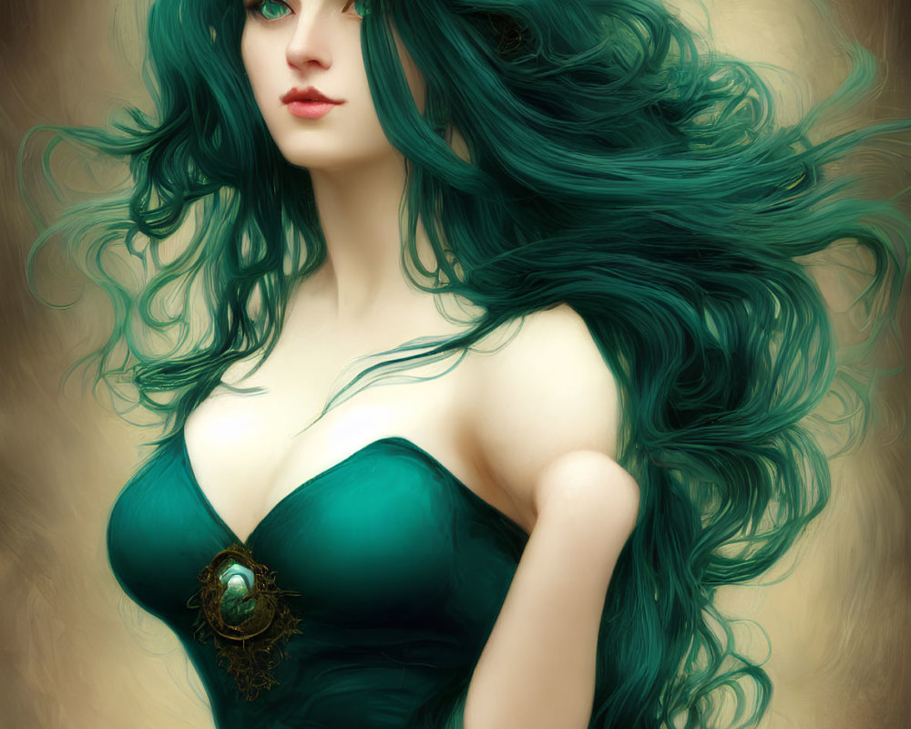 Detailed illustration of a woman with flowing green hair and dress