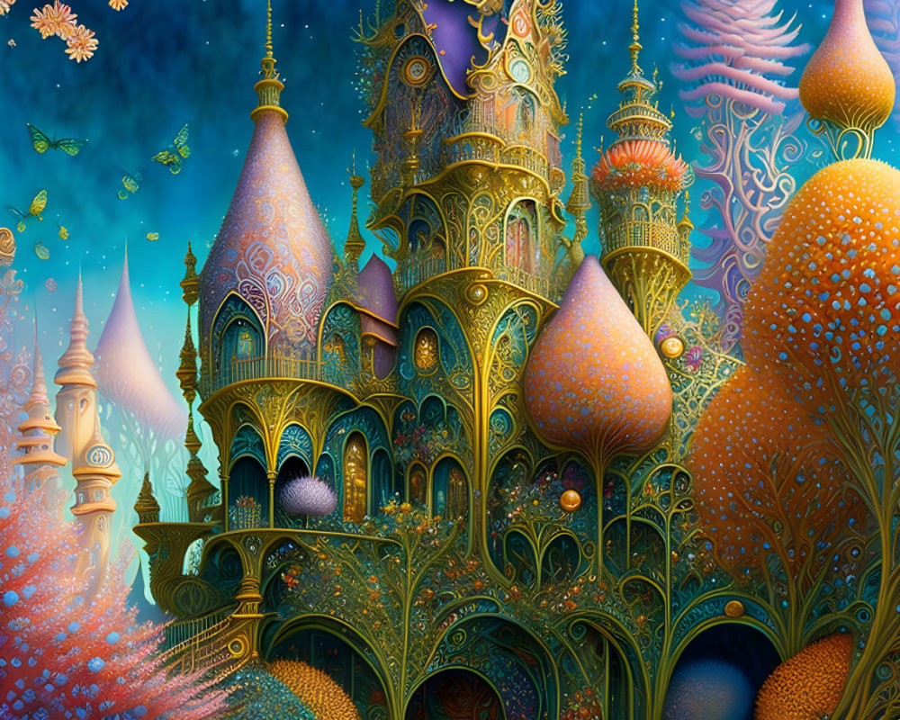 Fantastical castle with whimsical trees and floating creatures