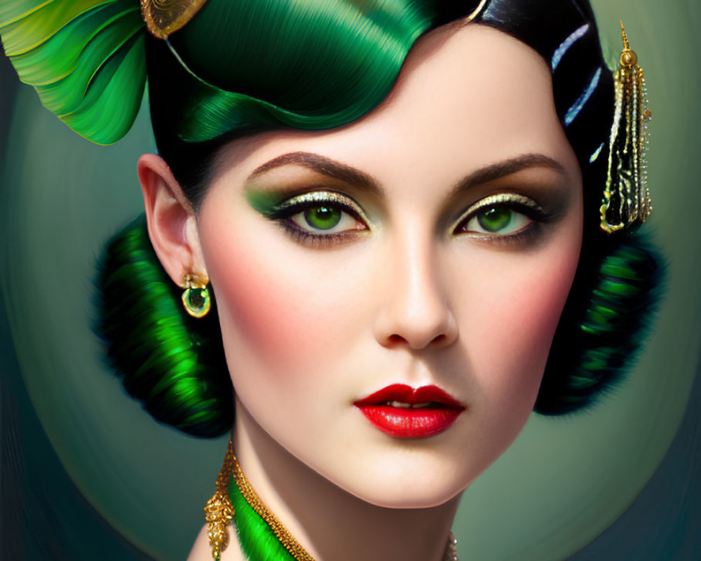 Detailed portrait of a woman with green feather accessories, elaborate makeup, pearl necklace, and vintage hairstyle