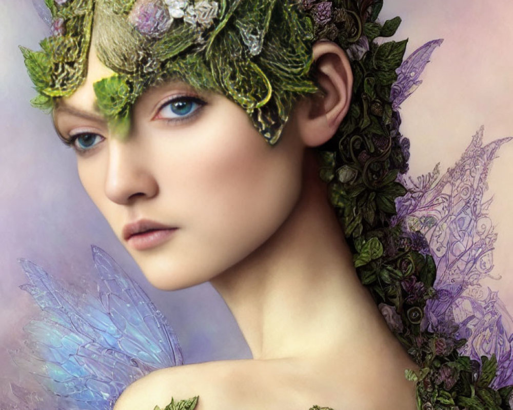 Person portrait adorned with green foliage and floral headpiece, featuring fairy wings.