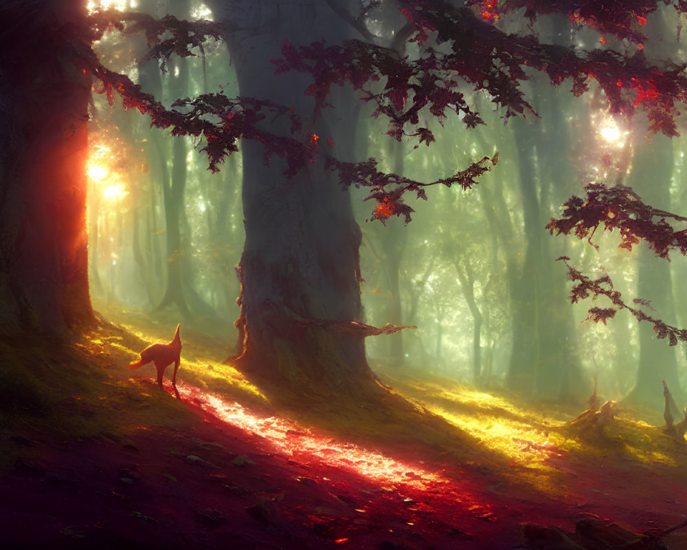 Enchanting forest sunrise with fog, red leaves, and deer