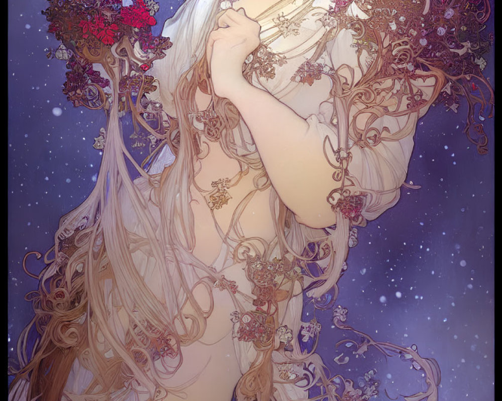 Ethereal illustration of woman in ornate garments amidst celestial background