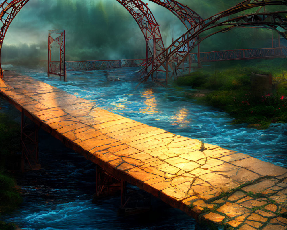 Arched Bridge Over Blue River in Sunlit Misty Landscape