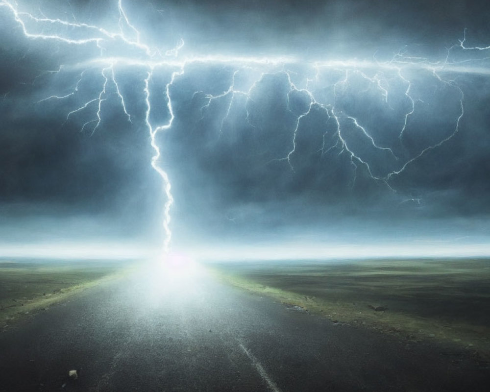 Dramatic lightning bolt strikes straight highway in stormy landscape