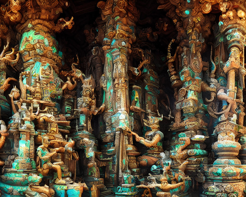 Mythological-themed wooden sculptures and pillars with intricate carvings in earthy tones