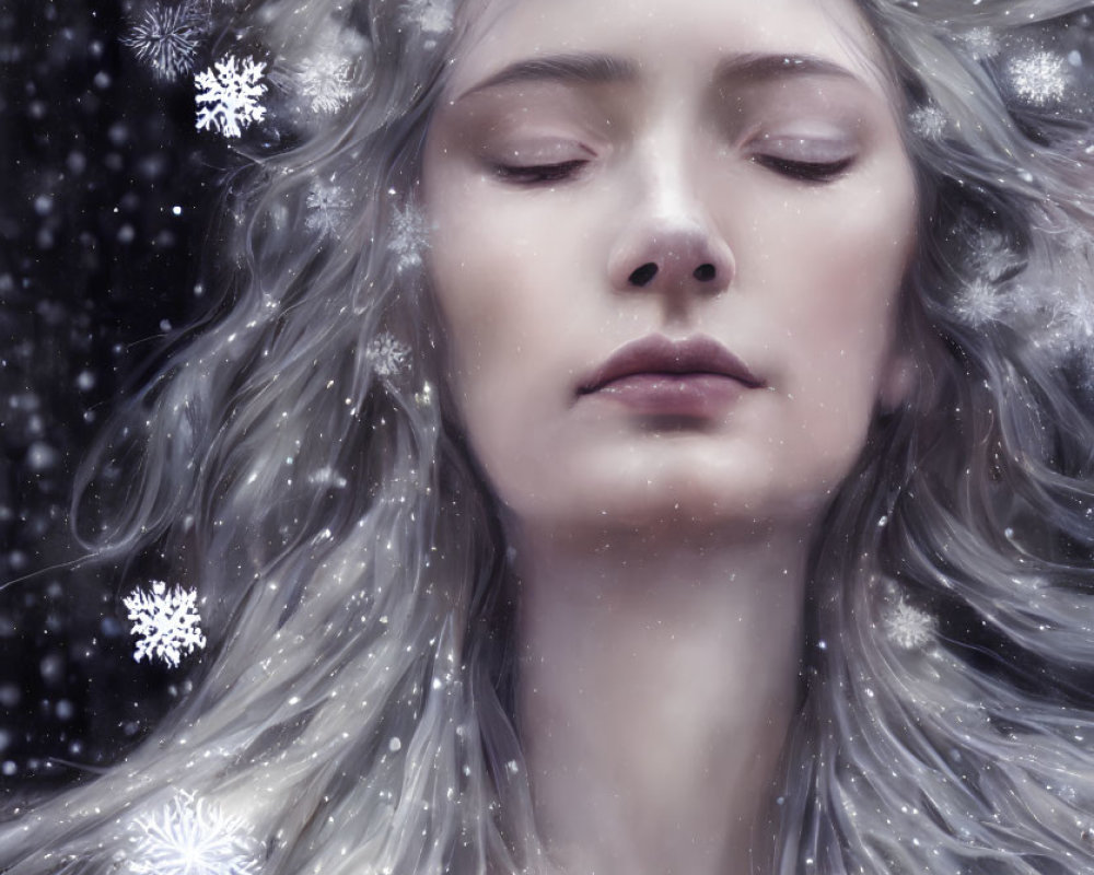 Pale-skinned woman with long white hair adorned with snowflakes in a serene snowfall