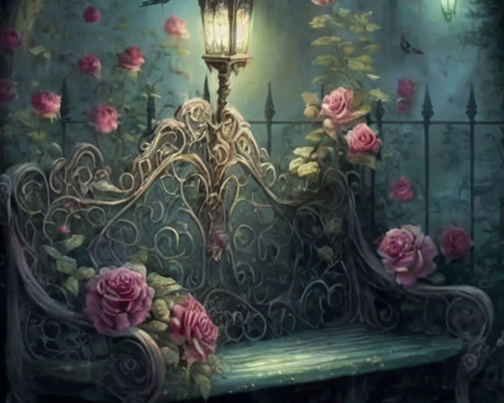 Vintage Bench with Roses in Mystical Garden Setting