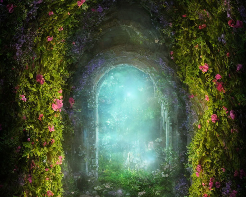 Enchanting arched stone doorway with ivy and roses in mystical garden