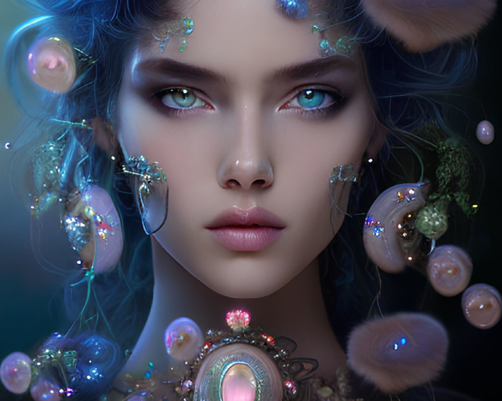 Fantasy portrait of a woman with blue eyes and glowing jewelry surrounded by whimsical flora.