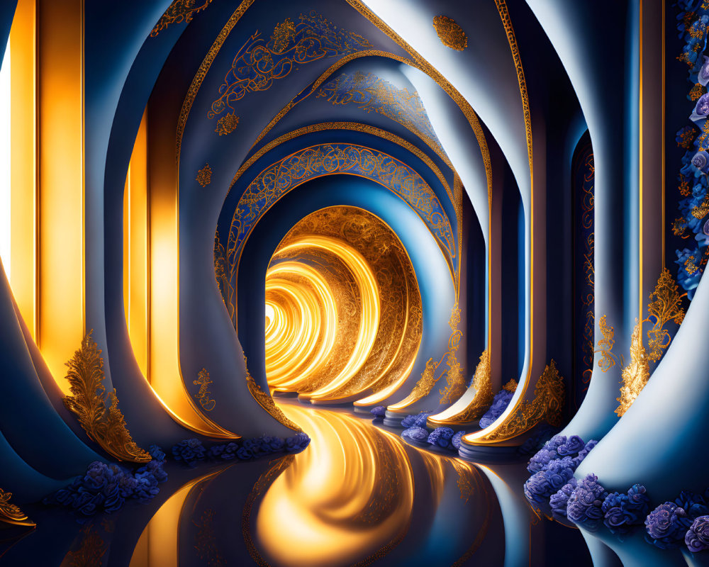 Ornate surreal corridor with blue and gold drapes and reflective floors