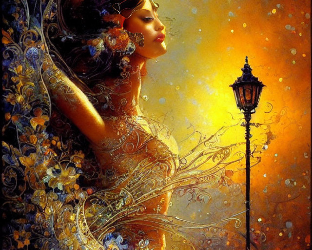 Ethereal women in golden, floral attire near glowing street lamp