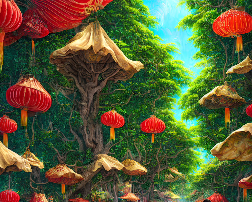 Colorful street market with red lanterns, lush greenery, mushroom stalls, and people.