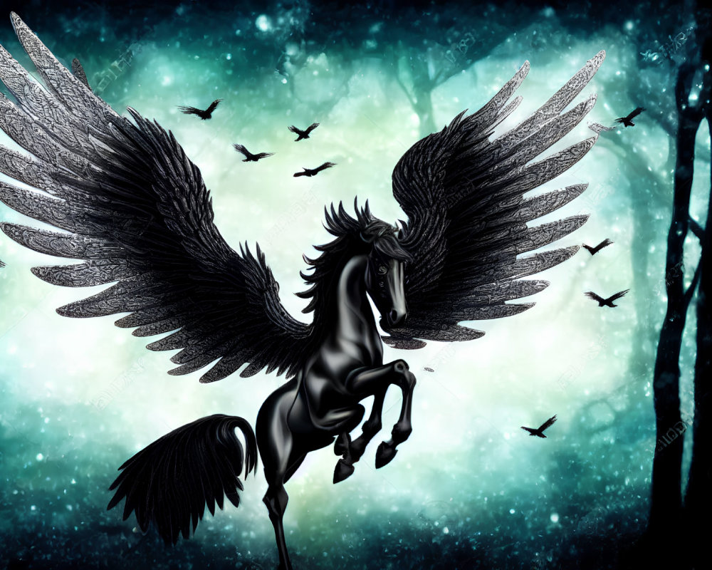 Black Pegasus Flying in Starlit Sky with Silhouetted Birds and Blue Forest