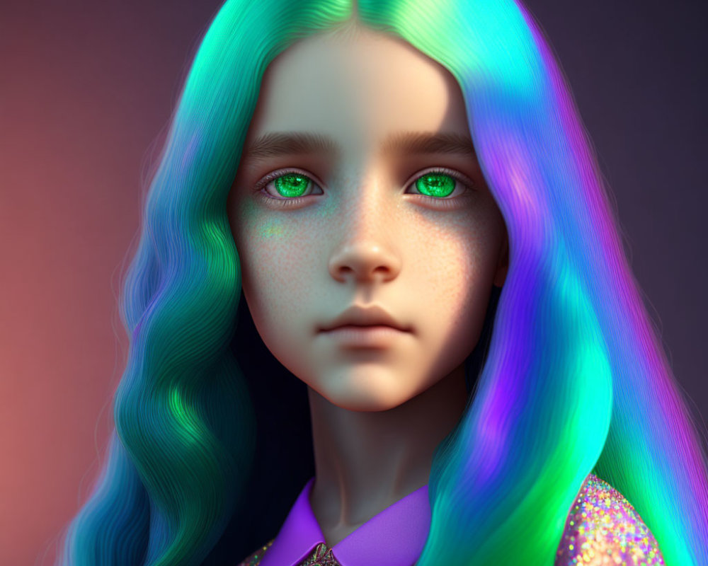 Vibrant multicolored hair and striking green eyes in digital portrait