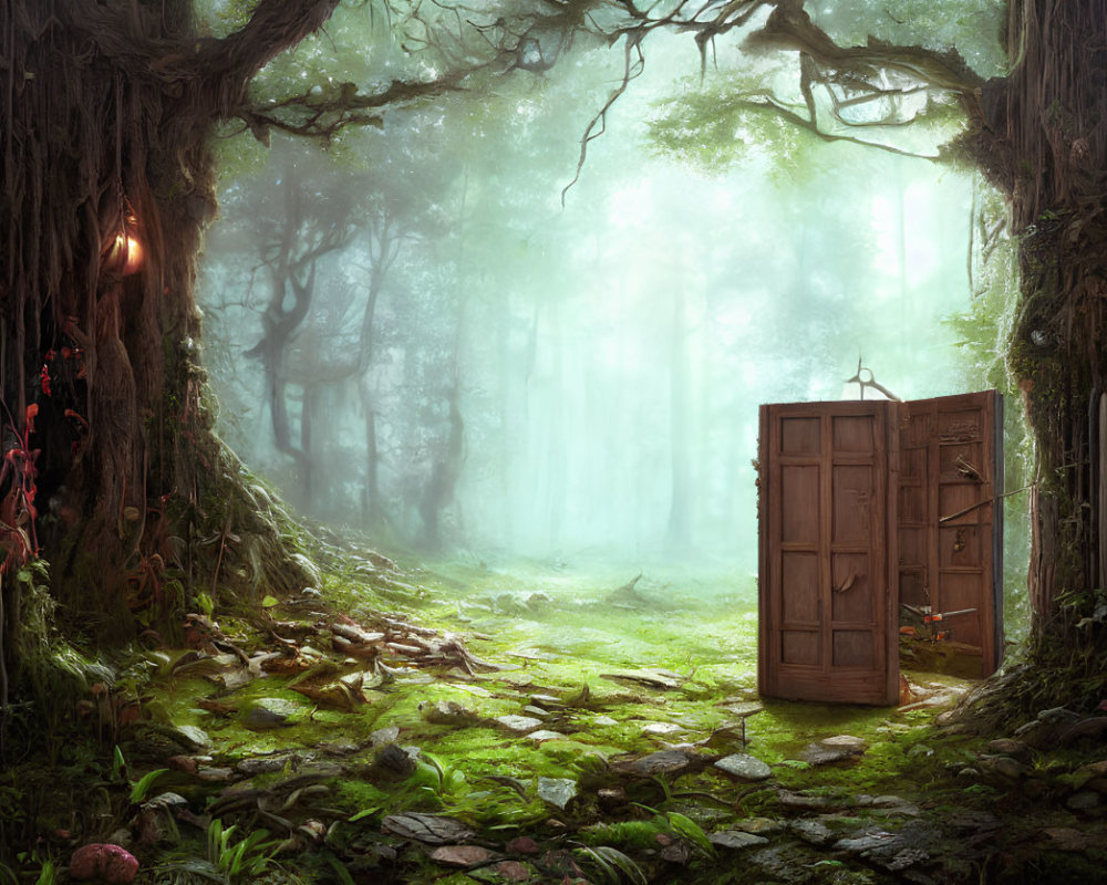 Mystical forest clearing with open wooden door and sunlight filtering through trees