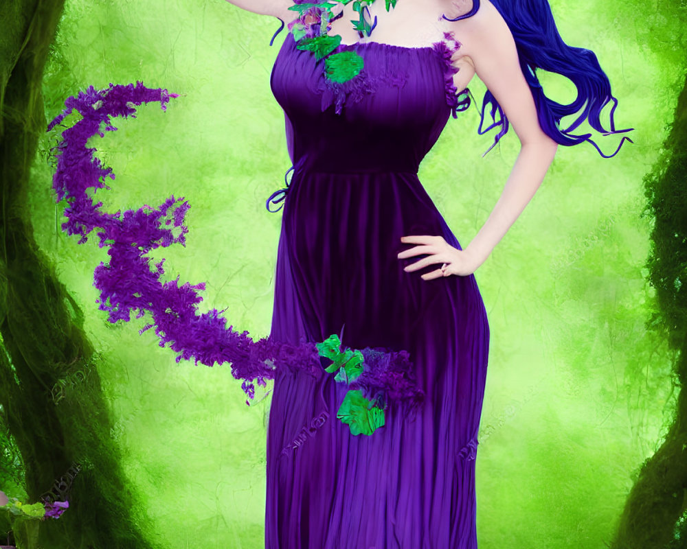 Blue-haired woman in purple dress poses in mystical forest with vines wrapped around her