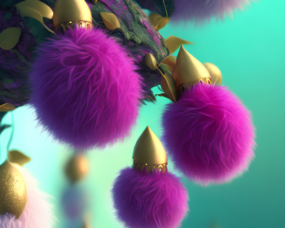 Purple Furry Creatures with Golden Crowns on Tree Branch Against Teal Background