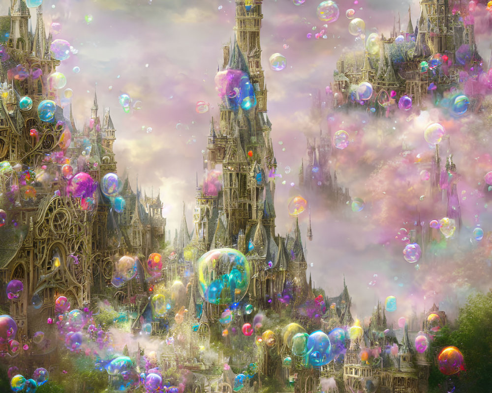 Fantastical castle in clouds with colorful bubbles and lush greenery