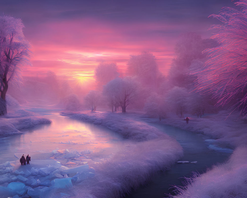 Surreal winter landscape with frozen river, silhouetted figures, and frost-covered trees at