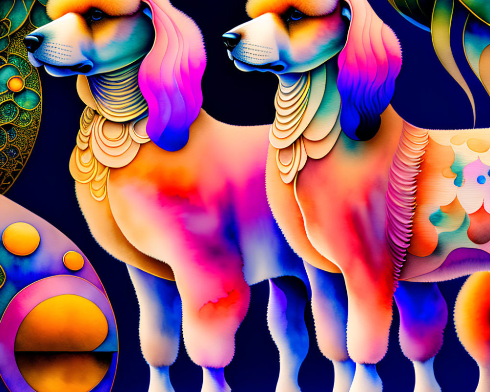 Vividly colored stylized image of regal fantastical canines with Egyptian-like collars and