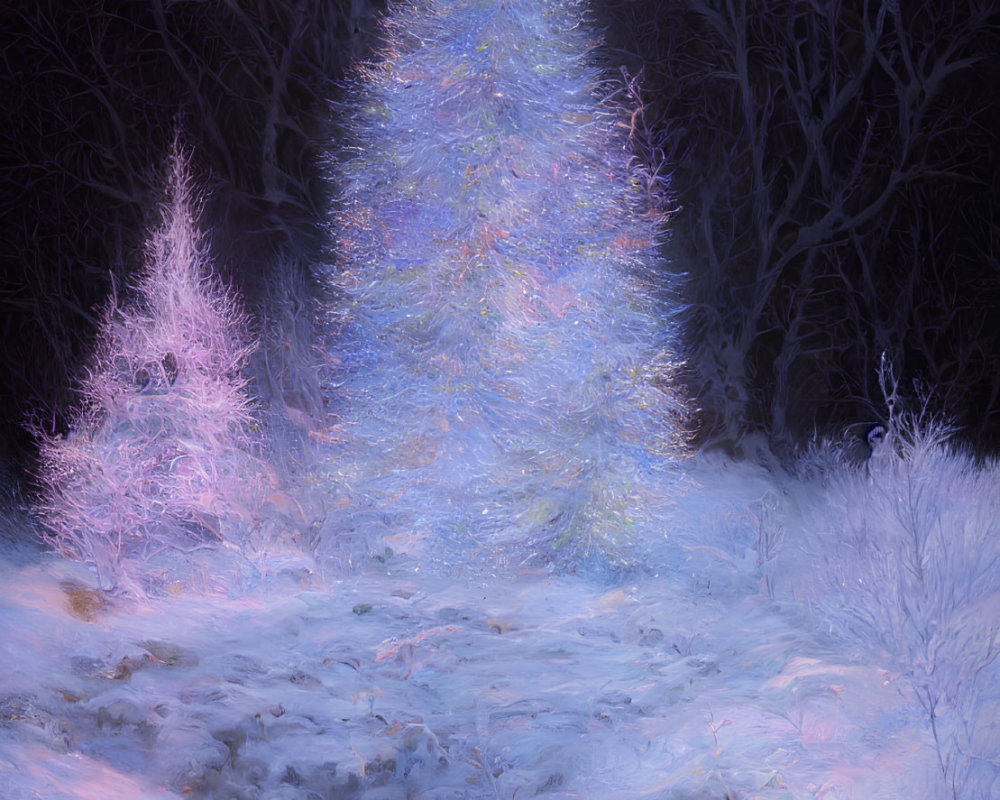 Enchanted snowy scene with glowing Christmas tree in twilight forest