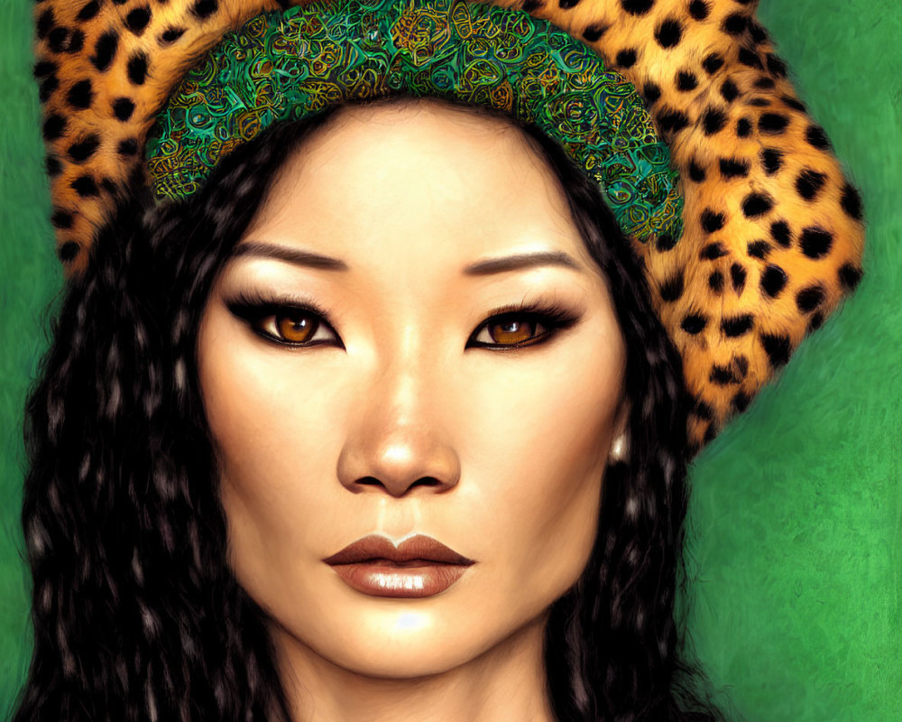 Woman with Black Hair in Leopard Print Hat on Green Background