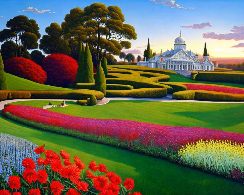 Colorful landscape painting with lush greenery, flowerbeds, and grand building under sunset.