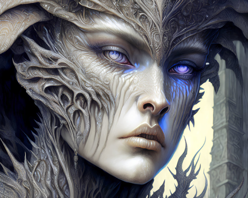 Fantasy portrait featuring ornate metallic headgear and intricate skin designs