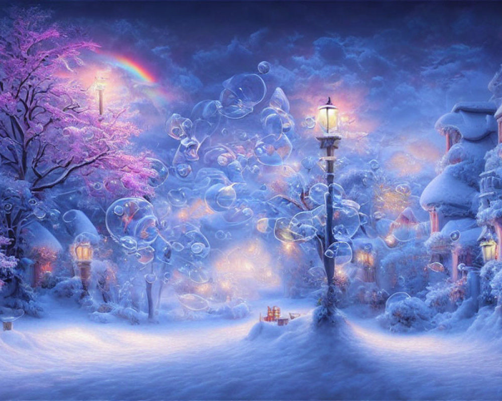 Winter scene with iridescent bubbles, snow-covered trees, lamp post, house, and subtle rainbow