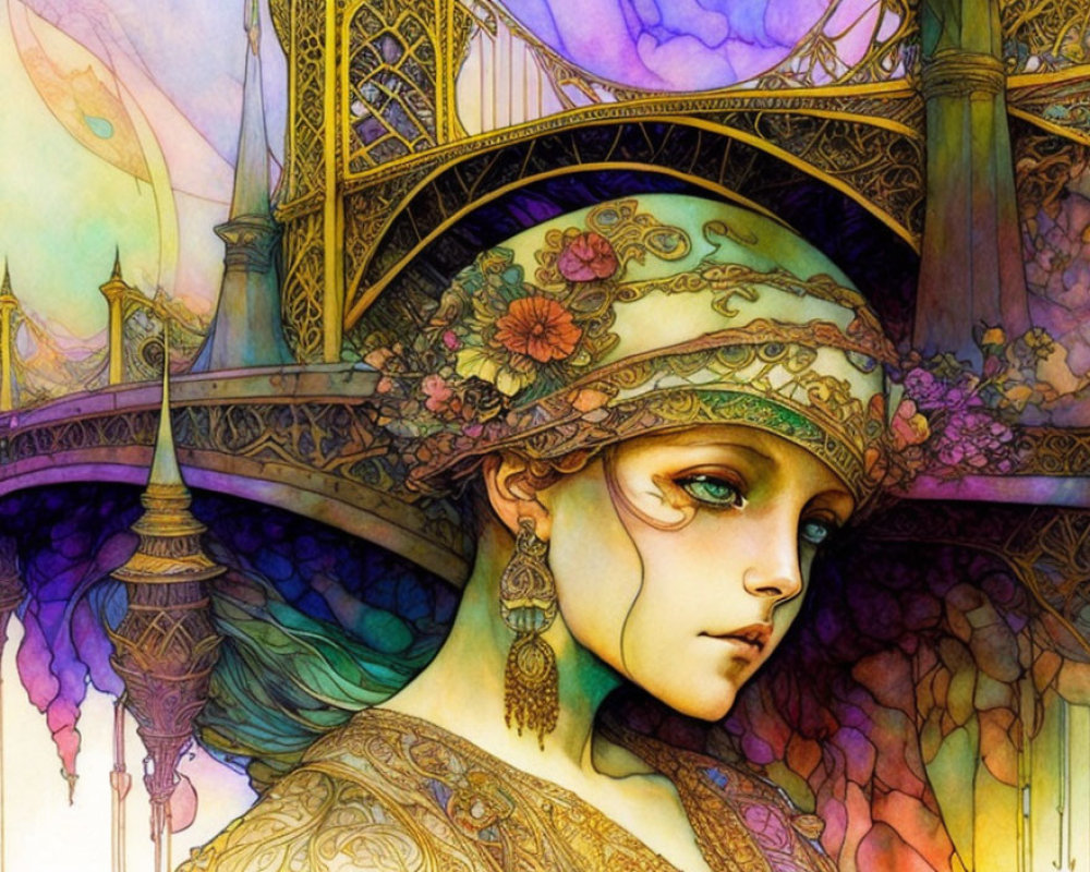 Detailed Illustration: Woman with Floral Headdress & Ethereal Architecture